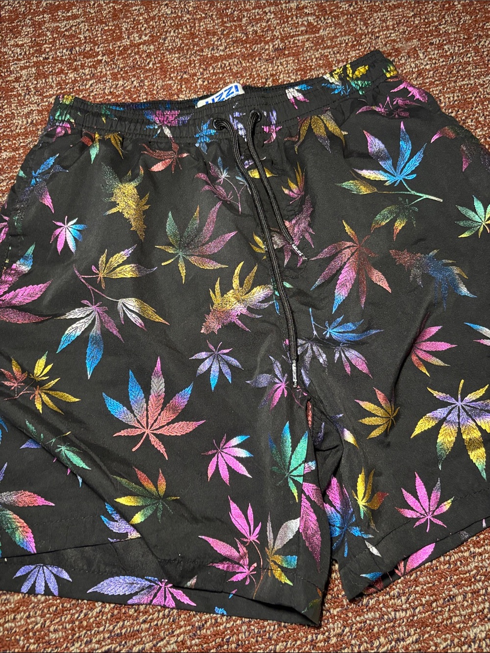 Uzzi swim trunks metallic pot leaf black multicolor‎ patterned lined shorts